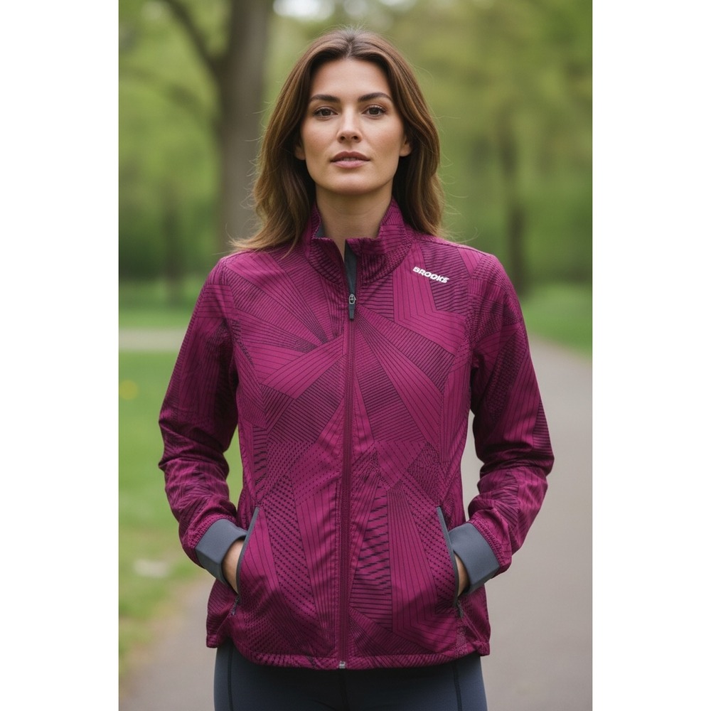 Brooks DriLayer Women Magenta Geometric Full Zip Running Jacket Size Medium